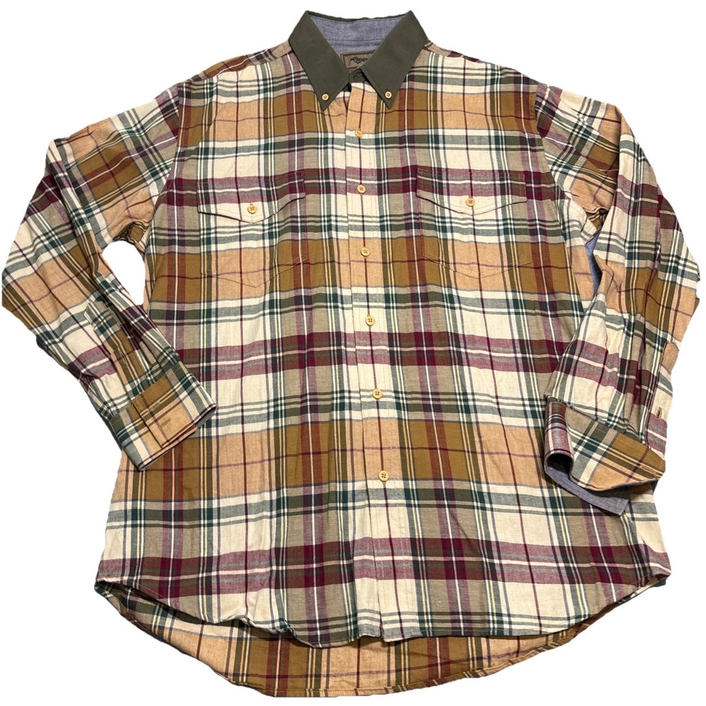 Roper Button Down Shirt Men's Tan Plaid Excellent Western Contrast Collar Large